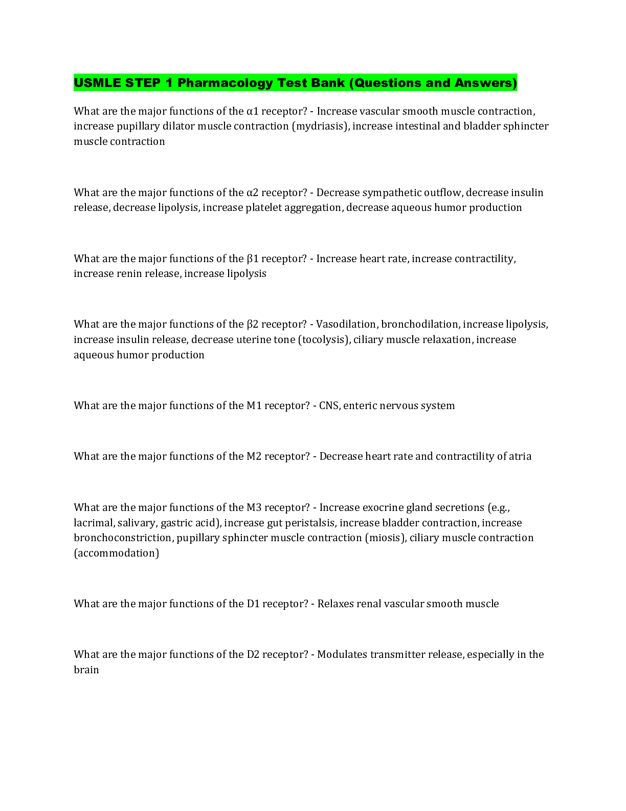 Preview of USMLE STEP 1 Pharmacology Test Bank (Questions and Answers)